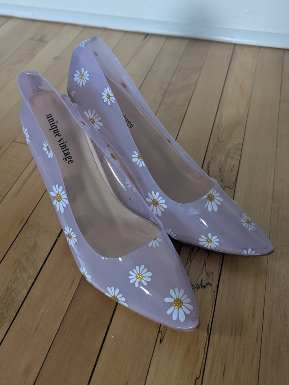 Unique Vintage Clear Lilac & Daisy Print Twiggy Pumps